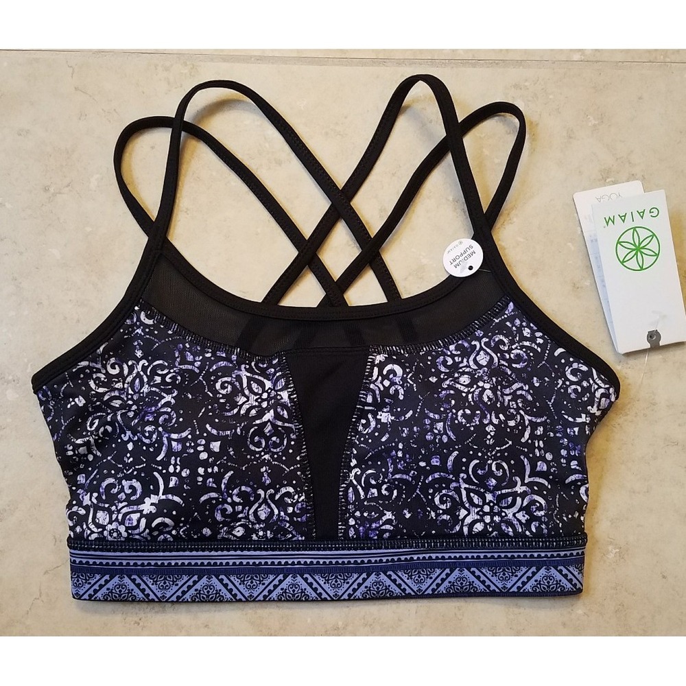 GAIAM Women Align Bra‎ Medium Support Black Nova Print Removable Pads  XS NEW